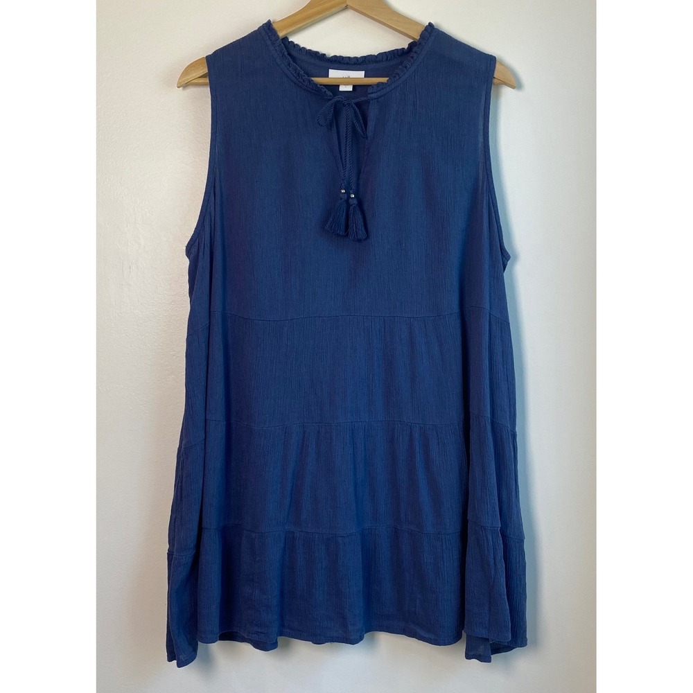 J. Jill Tiered Shift Dress Womens L Blue Sleeveless Tassel Boho Coastal Peasant